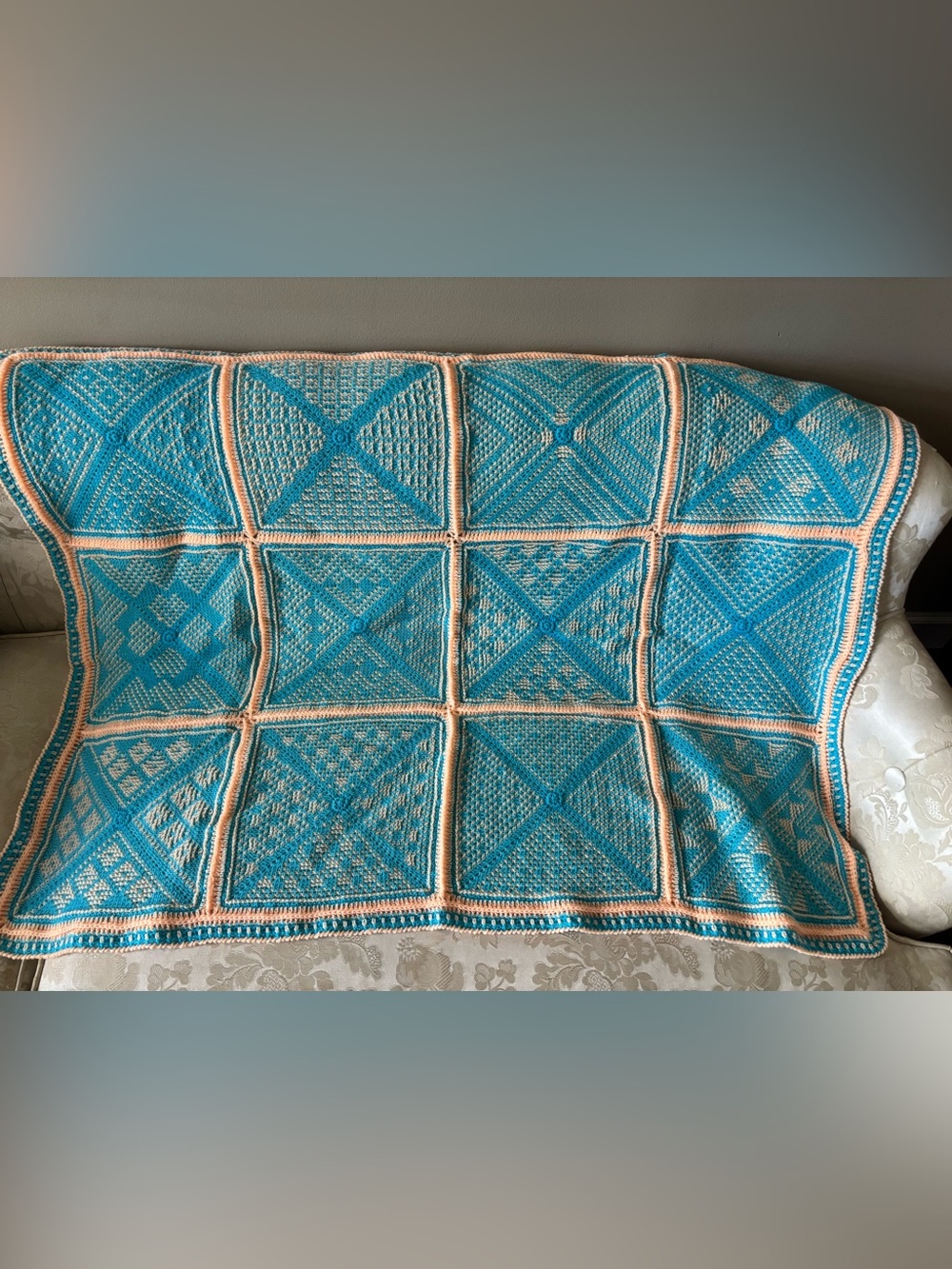 OOAK Handmade Turquoise Peach Crochet Throw Blanket 48”x36” Unused